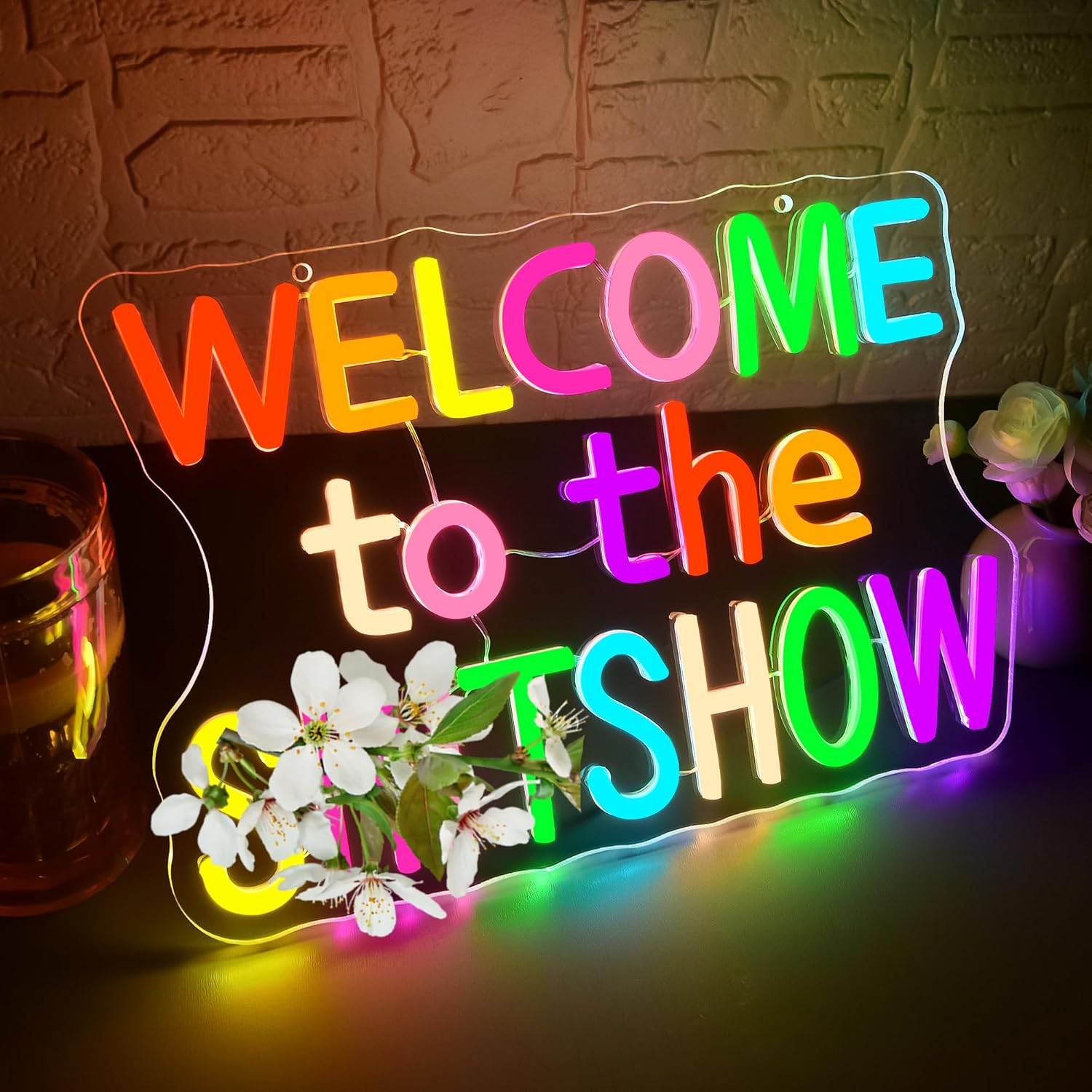 Welcome To The Show Neon Sign for Wall Decor Dimmable Funny LED Neon Lights for Party Inspirational Positive Wall Art for Study Bar College Dorm Gifts for Teens Size 13.7 * 9.4in(GLNP241)