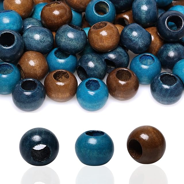150 Pieces 20mm Wood Beads Large Hole Macrame Wooden Beads Variety Pack , Colored Wooden Beads for Craft/ Plant Hanging/ Home Party Decor, 9mm Hole (Brown/ Navy/ Blue)