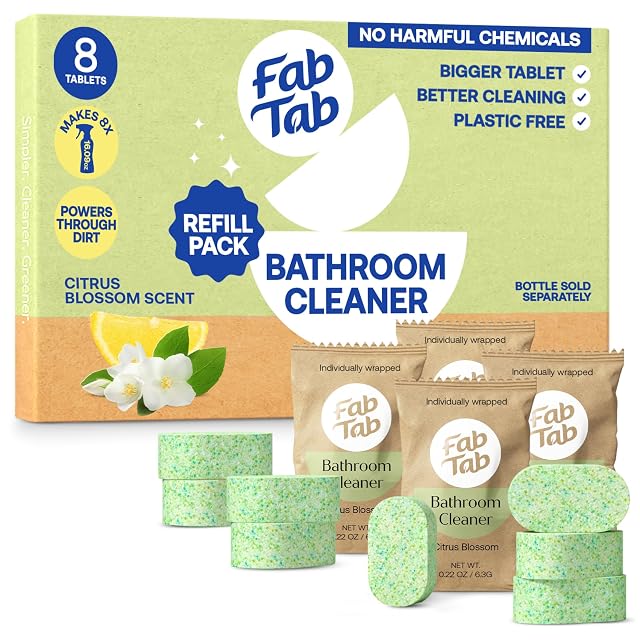 Fab Tab Bathroom Cleaner Eco-Conscious Cleaning Tablets for Sparkling Bathrooms Powerful Grime Remover Citrus Scent No Harmful Chemicals