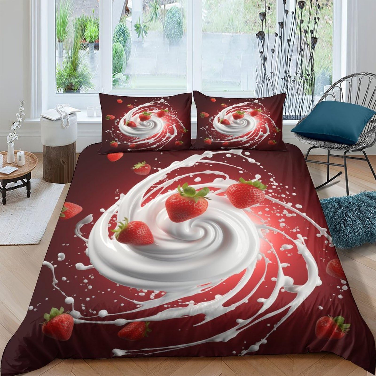 Housse de couette fraise 3D anti-froid parure de lit microfibre douce King
