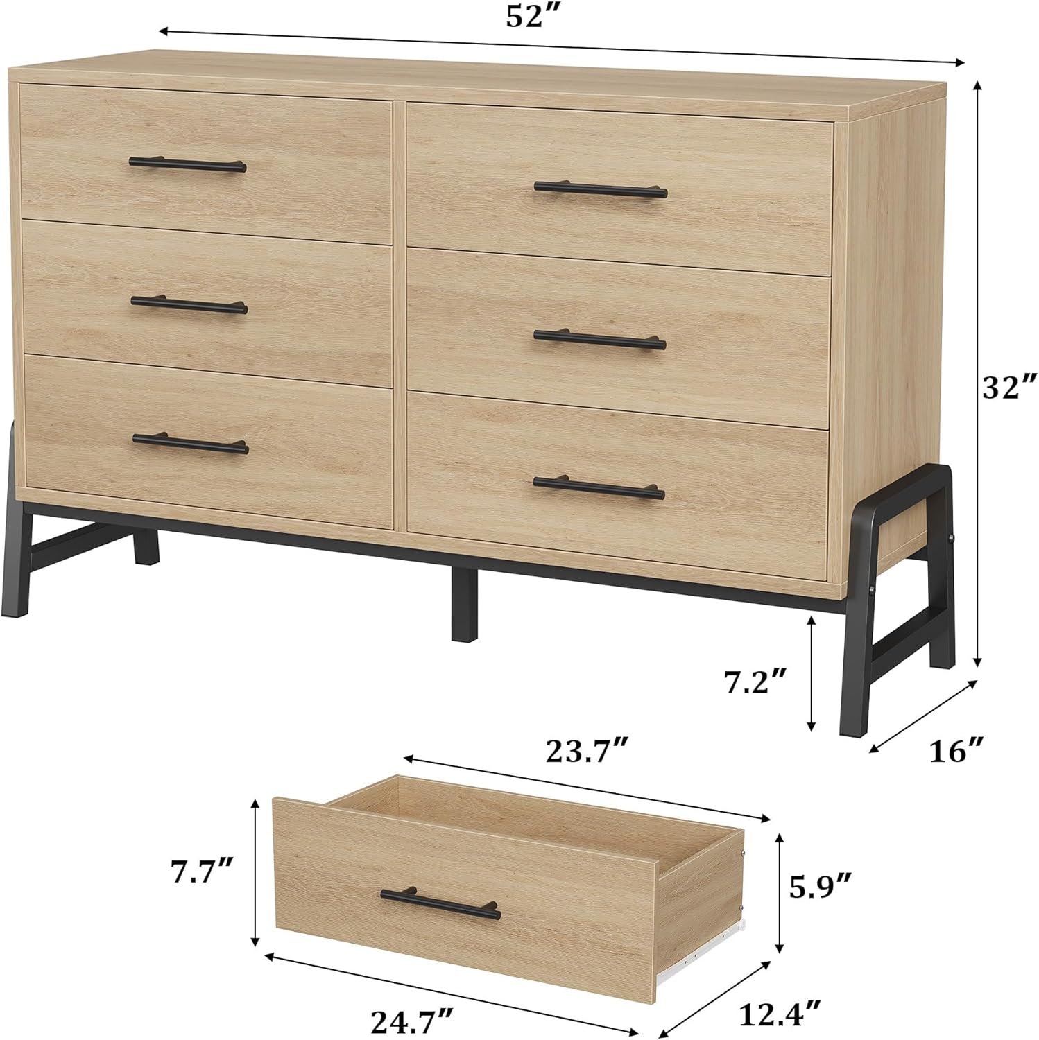 GarveeHome 6 Dresser for Bedroom, 52 in Wide Drawer with Large Storage Space, Freestanding Wooden Closet Storage Dresser Chest for Living Room, Bedroom, Entryway, Natural Oak