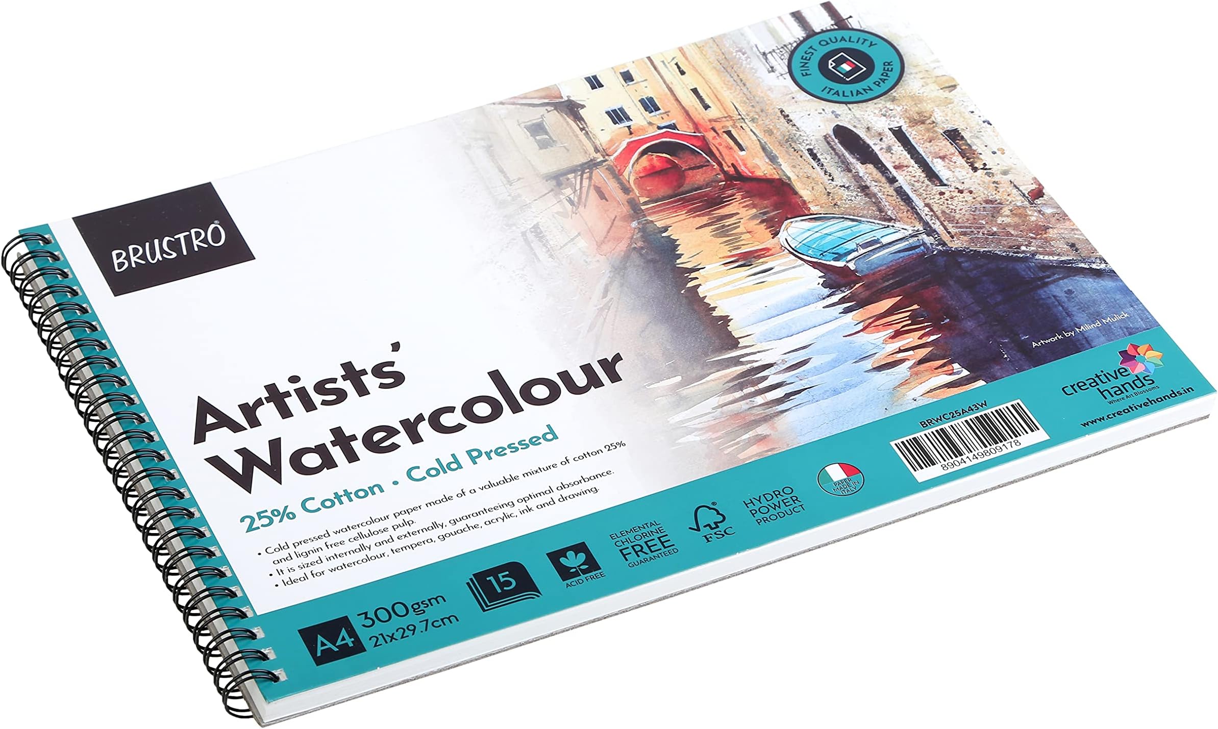 BRUSTRO Artist's Watercolour Paper Pad | 300 GSM, A4, 25% Cotton, Cold Pressed | Pack of 15 Sheets | Wiro Bound, Spiral, Ideal for Professional Drawing, Painting, Dry & Wet, Fine Art Students