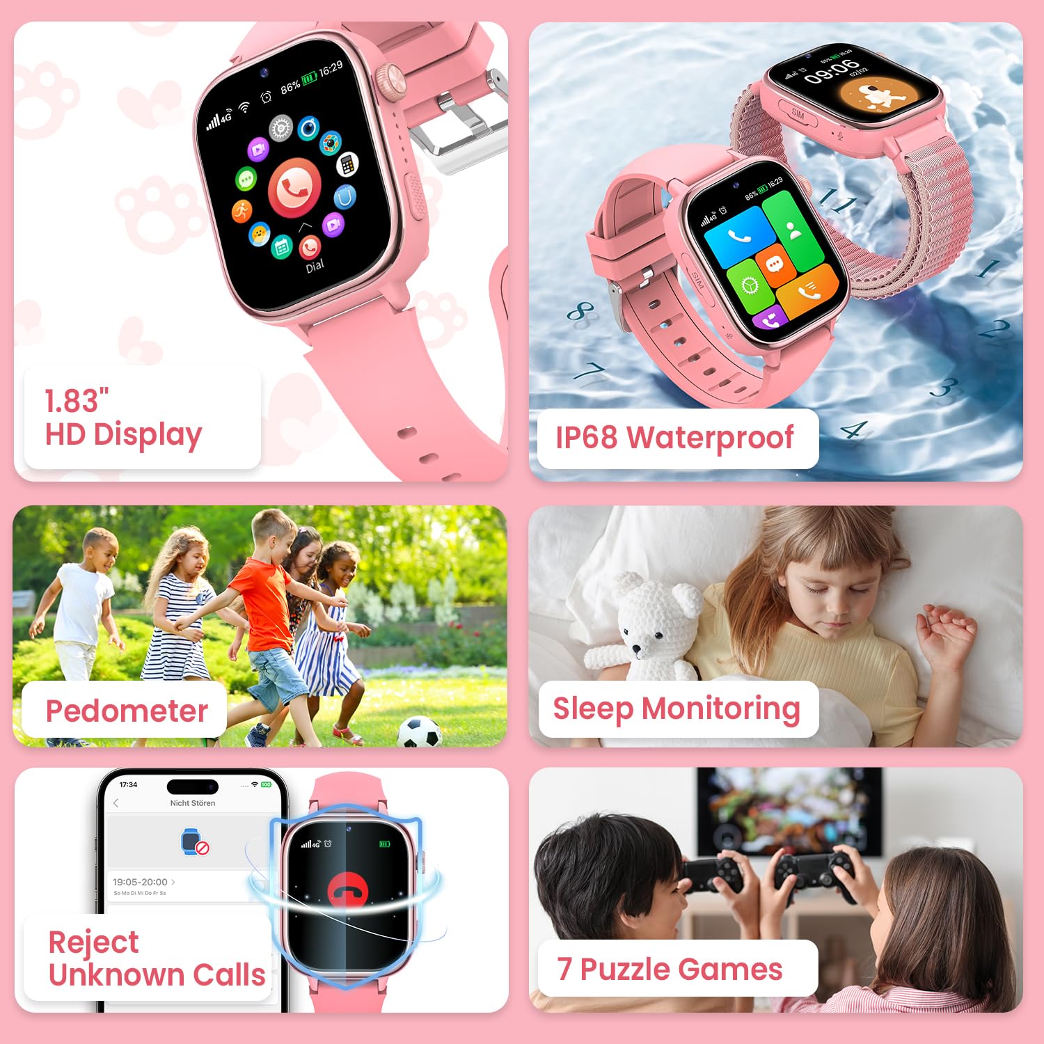 RUXINGX 4G Smartwatch Bambini, IP68 Impermeabile Smartwatch con GPS, SOS, Telefono, HD Videochiamata, Chat Vocale, modalità Lezione, Sveglia, Sonno, Orologio Bambini per Ragazze e Ragazzi, Rosa
