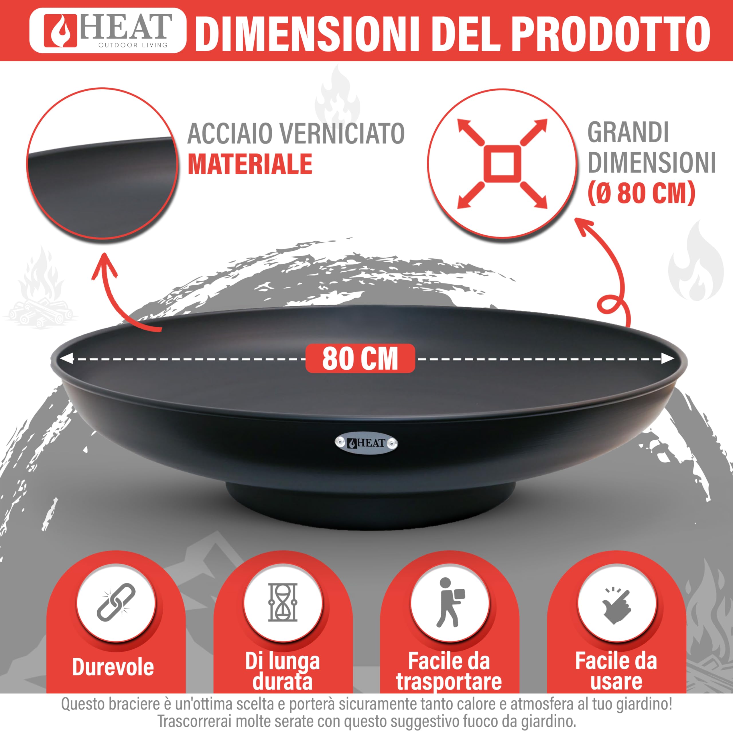 Ciotola Per Fuoco Da Giardino HEAT 90x90 Cm - Griglia Barbecue In Acciaio, Focolare Per Esterni, Perfetta Per Patio E Serate In Famiglia