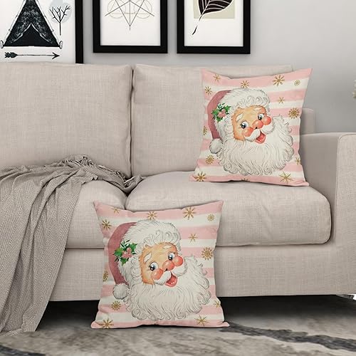Miniatura 3 de Juego de 2 fundas de almohada rosas de Papá Noel de 18 x 18 pulgadas, diseño de copos de nieve dorados de Navidad, fundas de almohada decorativas de