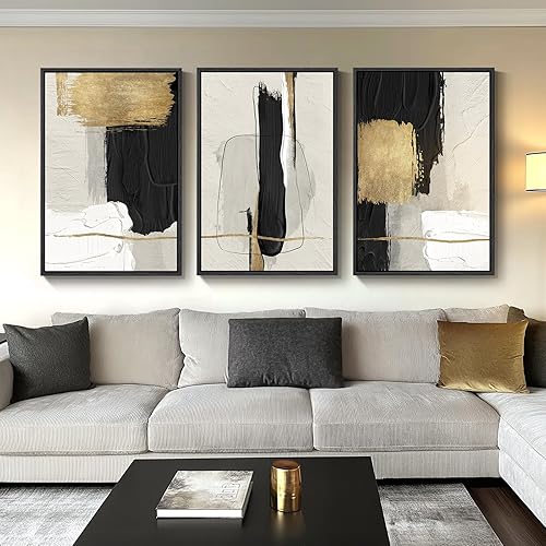 Arte de pared abstracto, 3 cuadros grandes con impresiones en lienzo, modernos, enmarcados, minimalistas, en blanco, negro, dorado, para decoración
