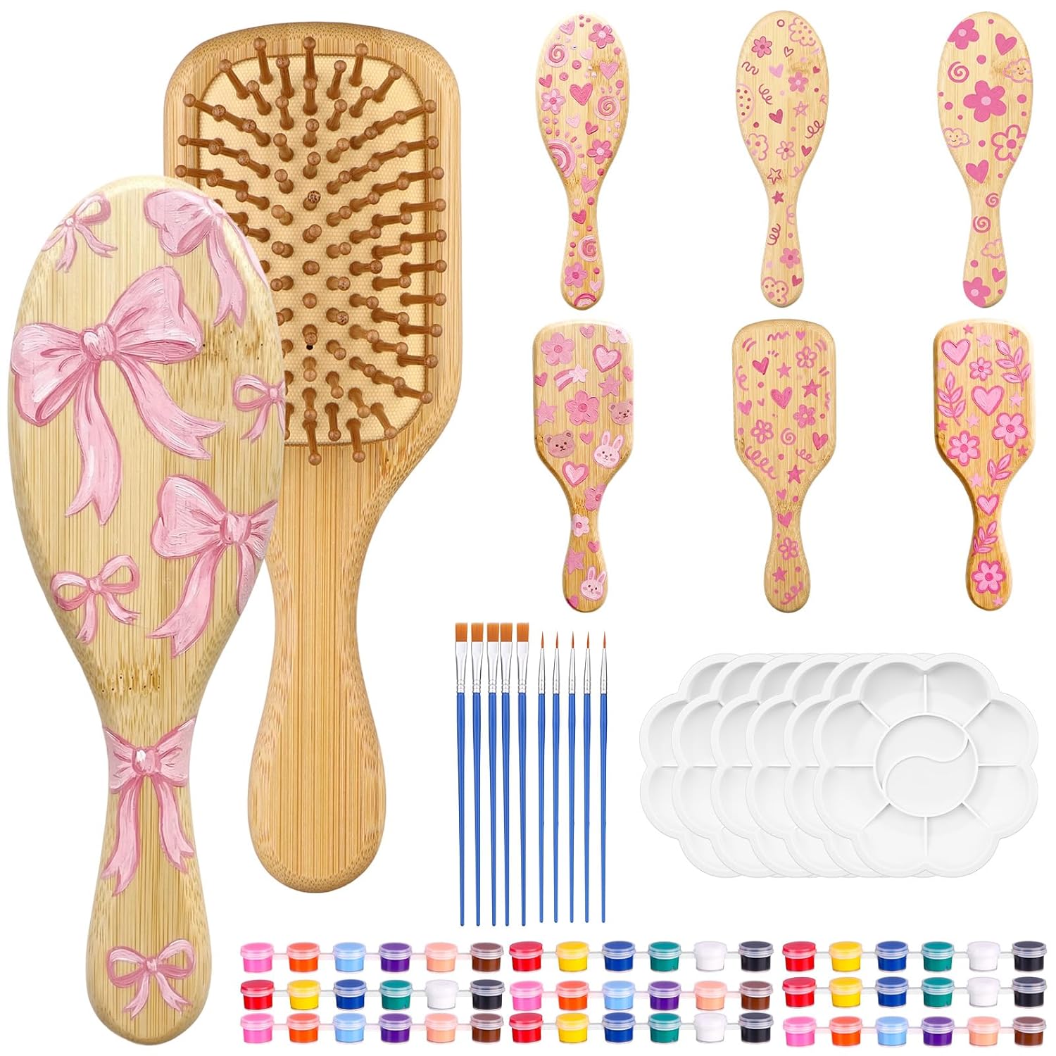 6 Sets DIY Bamboo Hair Brush Painting Kits Make Your Own Hair Brush with Paint Brushes Palettes Kits Wooden Massaging Scalp Brush for Girls Friend Gifts for Galentine's Day Birthday Sleepover Parties