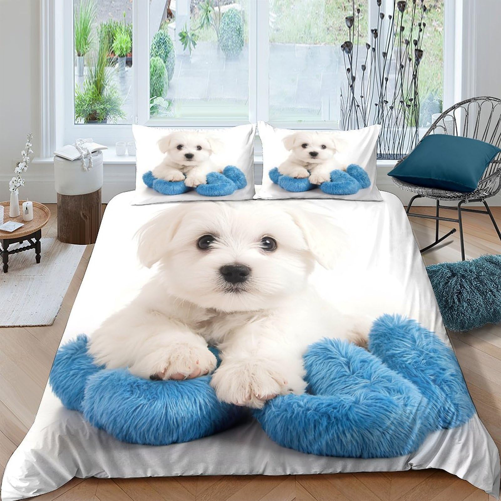 Ctjqhvkz Style-2 3D Printed Puppy Blue Paw Fitted Sheet Microfiber Breathable Dog Bed Cover For Bedroom Dorm Mattress Decor Single（135X200cm）