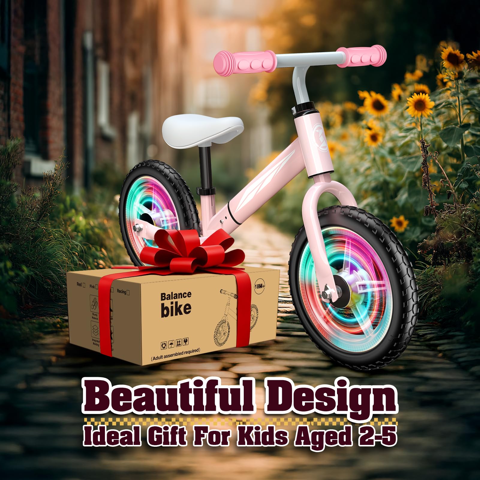 Bicicleta sin Pedales para Niños 2-5 Años, Ajustable con Asiento y Manillar, Luces en Ruedas, Regalo Juguete Seguro, Peso 50kg, Color Rosa