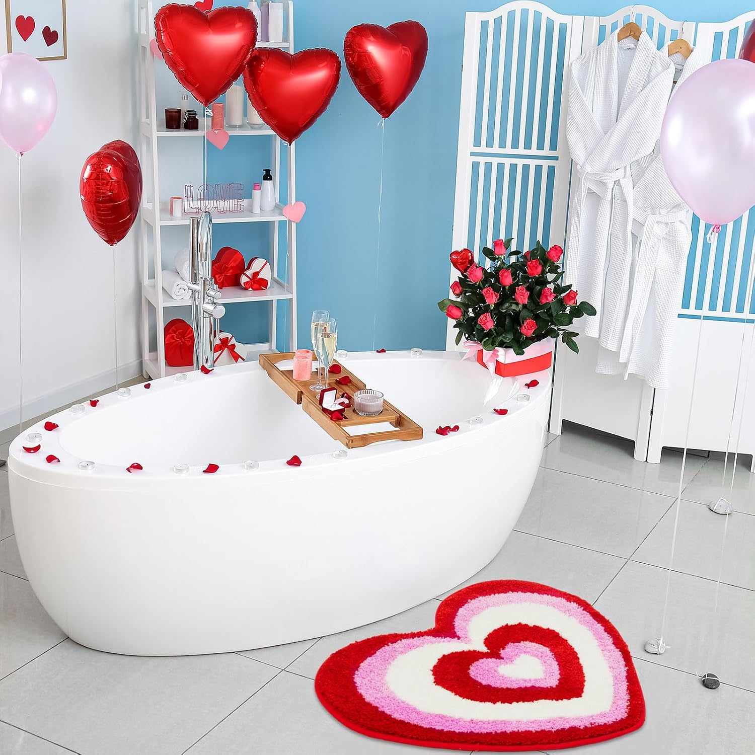 Weysat Valentine's Day Heart Shaped Rug Non Slip Bathroom Rug White Red Pink Bath Mat Shower Mat Decorative Love Floor Mat Washable Doormat Welcome Carpet for Bathroom Kitchen Living Room Home Decor