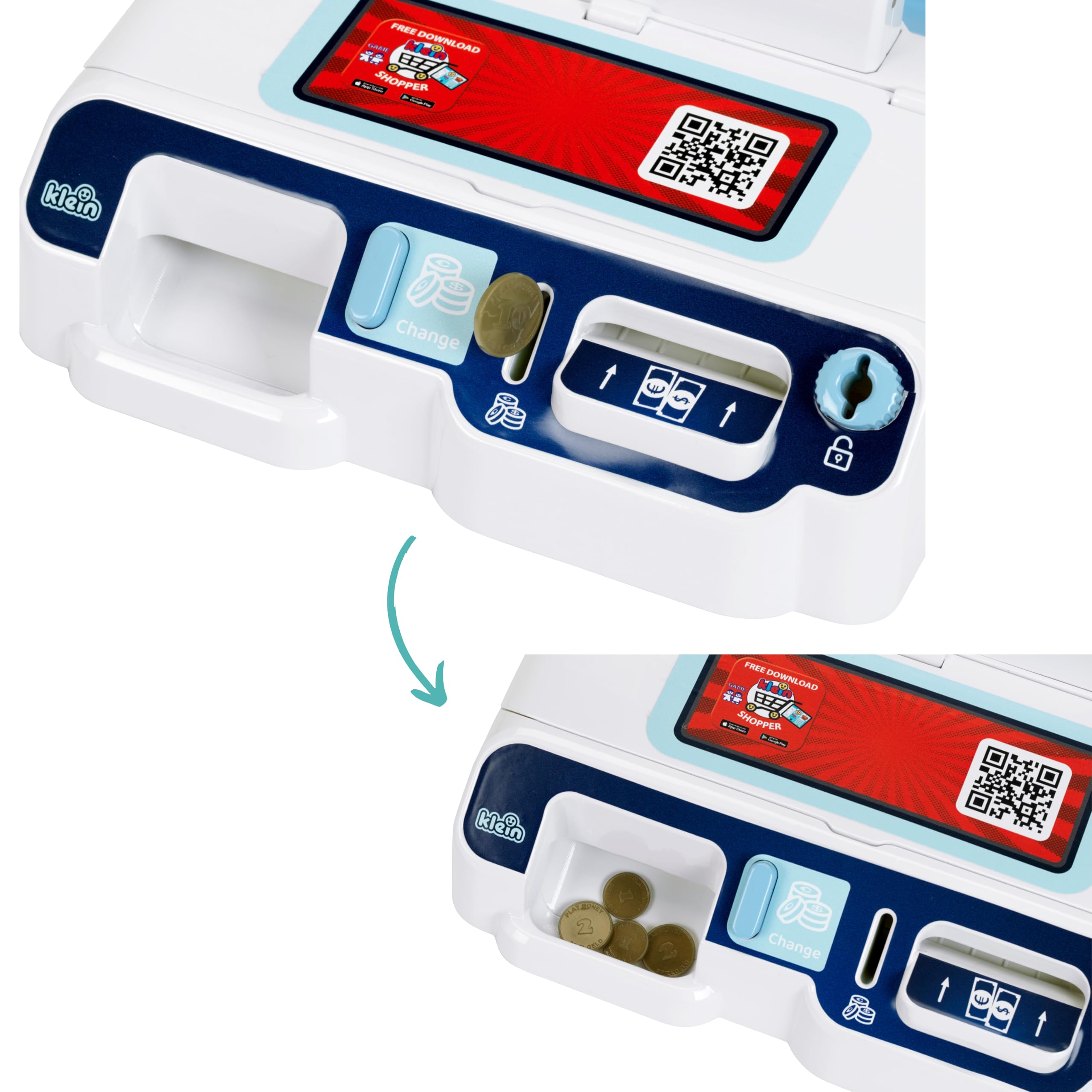 Theo Klein 7265 Caisse Libre-Service, Scanneur avec lumière et Son I Ecran à 3 thèmes interchangeables, Panier, Argent fictif, etc, Jouets pour Enfants à partir de 3 Ans
