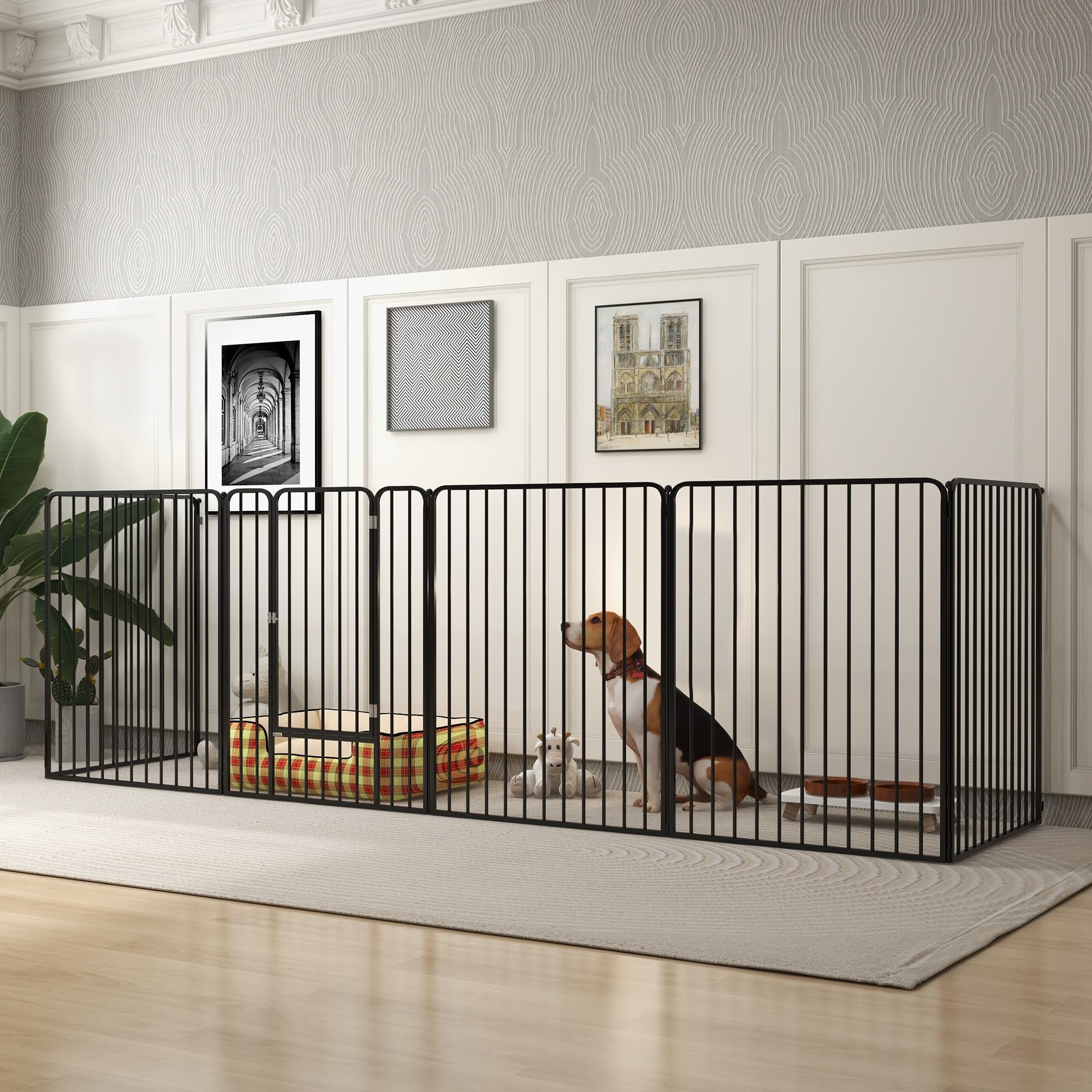 PawHut 6-teiliger modularer Stahl-Hundekäfig 164x83x100 cm Schwarz | Kleine, mittlere & große Größe, Innen- & Außenbereich, Hundegitter, 7 Erdspieße