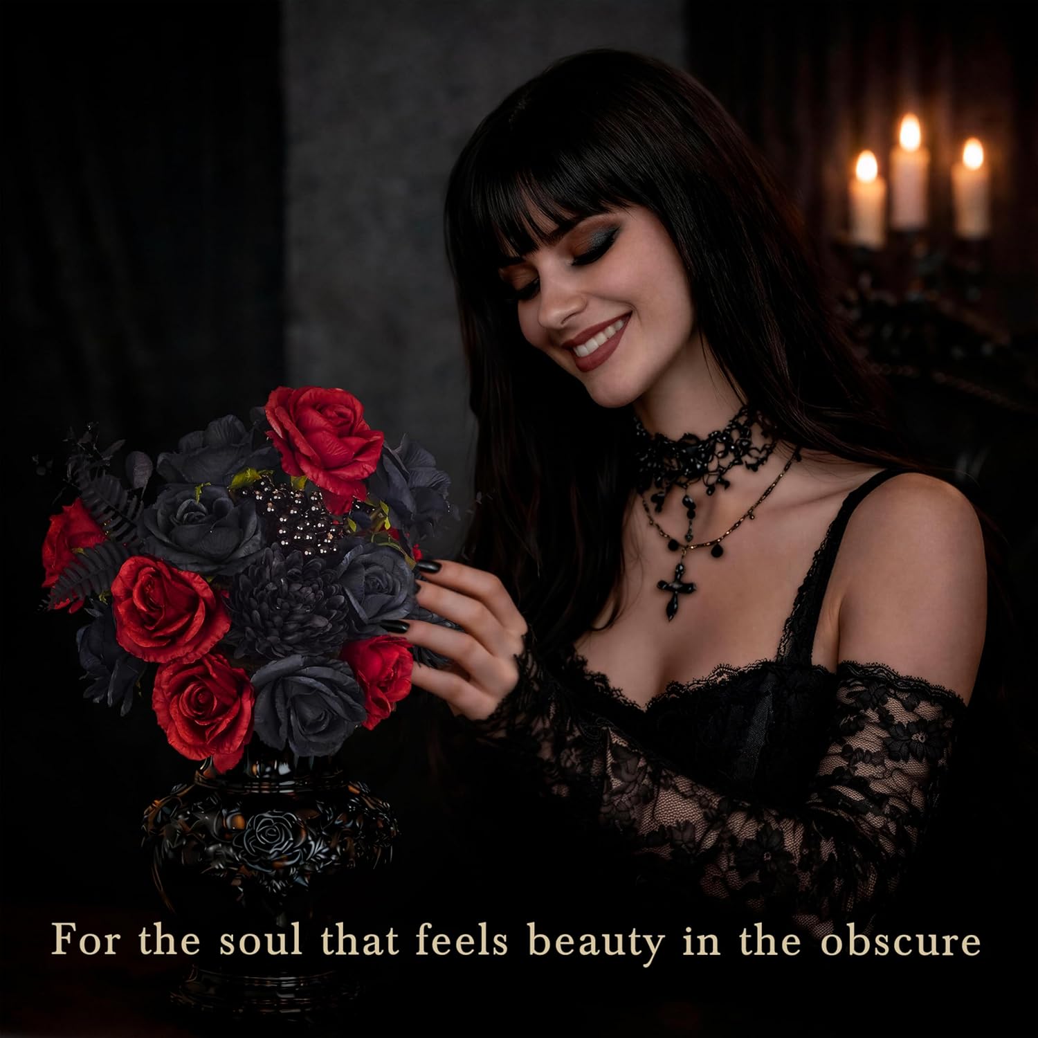 Gothic Roses Bouquet – Black and Red Artificial Silk Flower Arrangement – Goth Home Decor for Vases, Shelves & DIY Dark Floral Table Centerpieces – Gothic Valentine’s Day Gift for Her