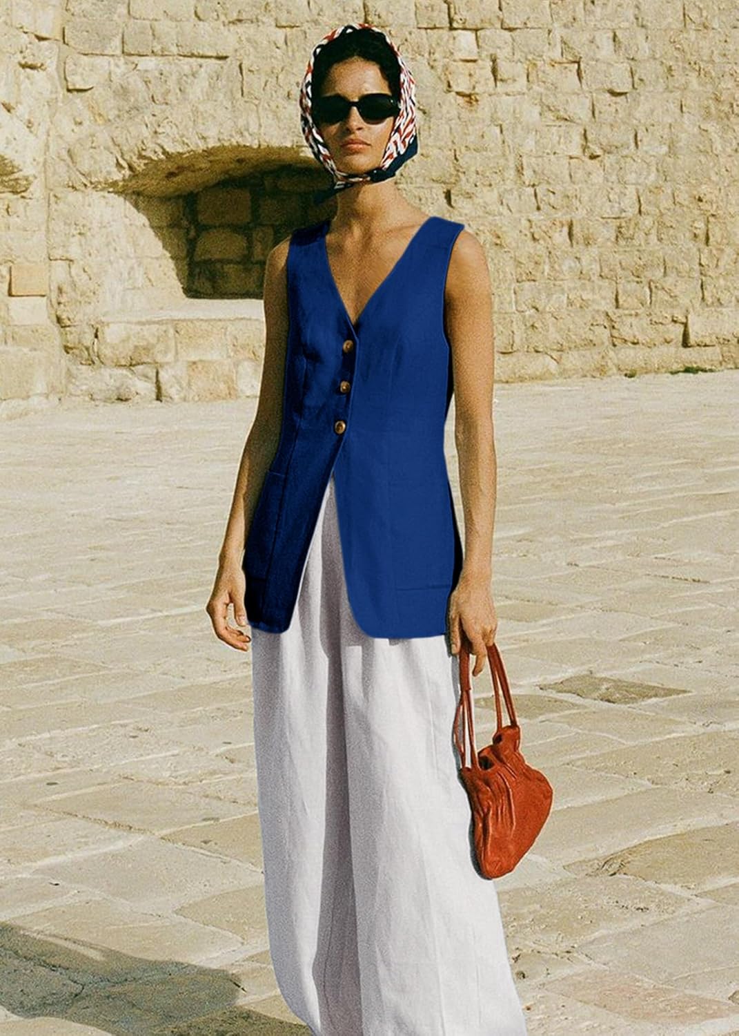 Mina Self 2025 Fall Women's Long Linen Vest Tops - Lightweight Breathable Fashion Fully-Lined Office Outerwear with Pockets - Image 6