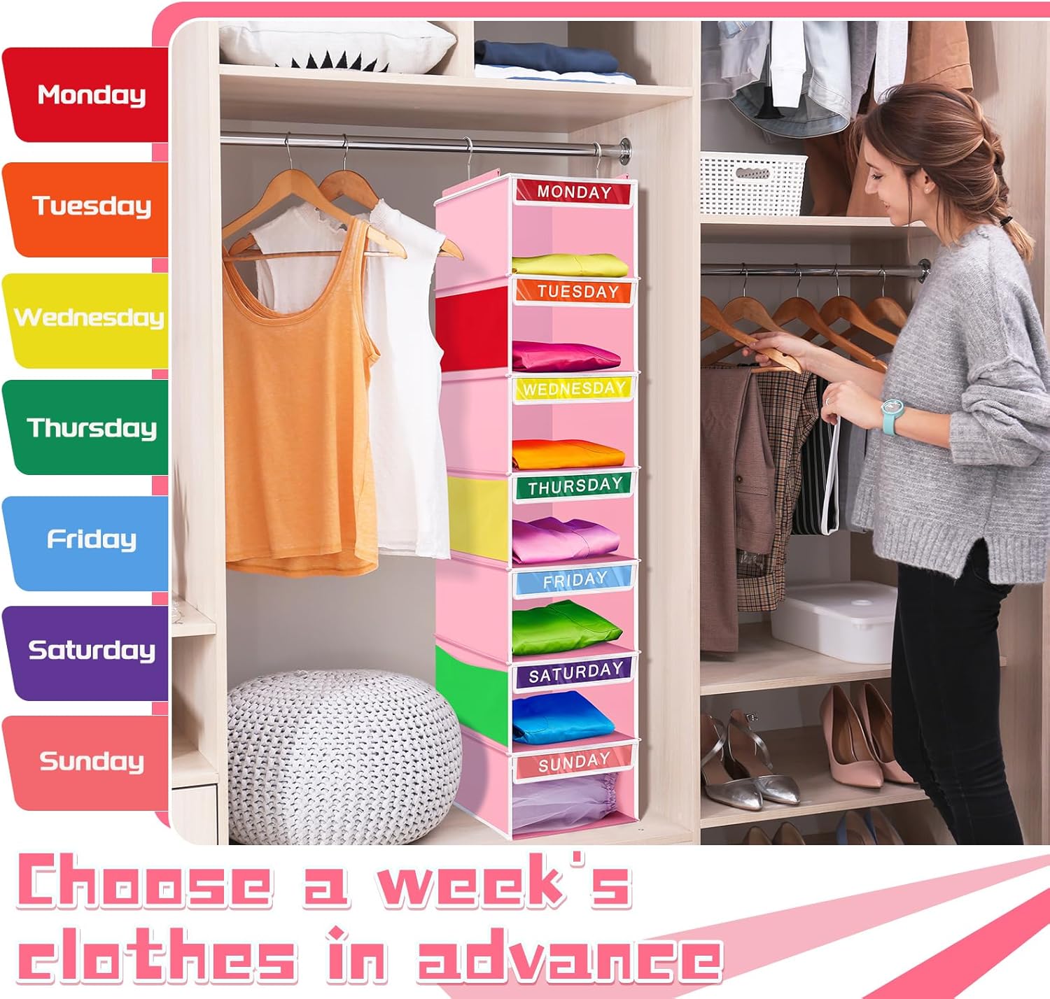 Amylove 2 Pcs 7 Shelf Weekly Clothes Organizer for Kids Hanging Closet Organizer 11. 8 x 11. 8 x 50 Inches Daily Activity Kids Clothes Storage Drawers Cube Drawers Closet Hanging Shelves(Pink)
