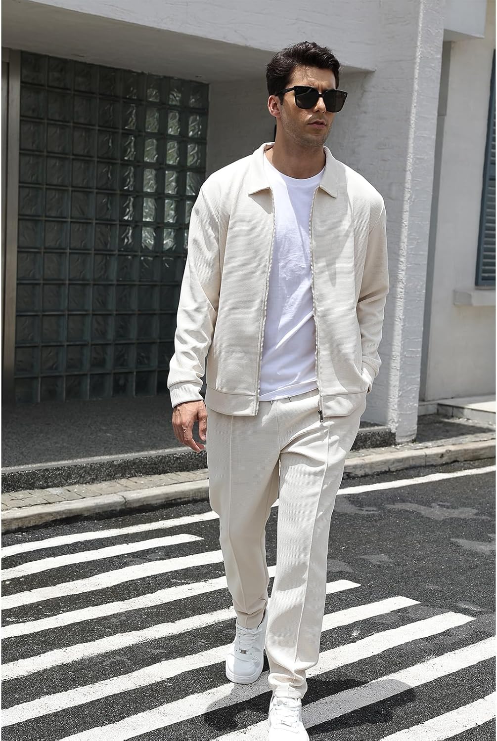 Men's Full Zip Polo Jacket & Drawstring Pants Set 2pcs Regular Fit Casual Sport Tracksuit with Pockets