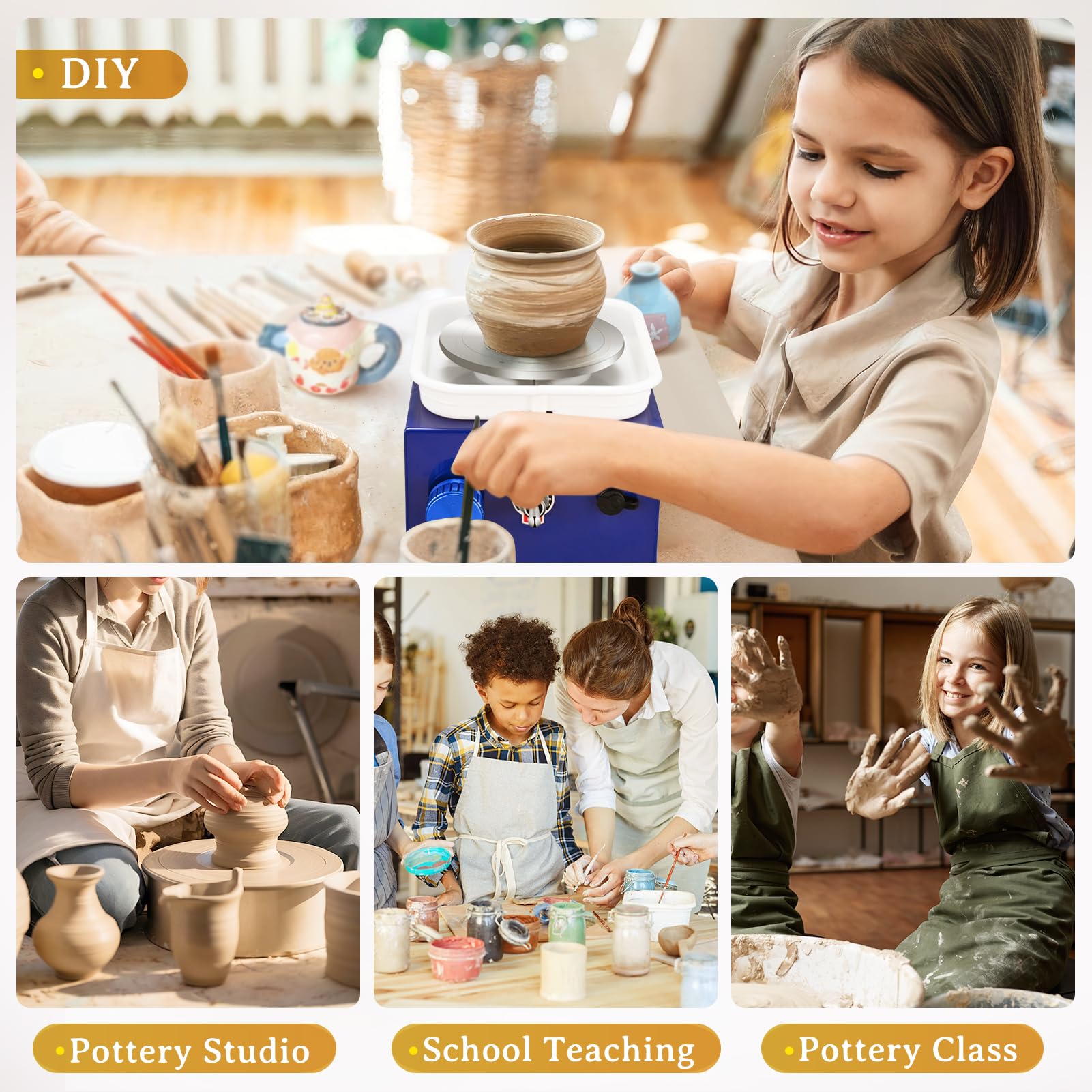 Töpferscheibe, Kooeuru Töpferscheibe Elektrisch 2000 U/min Einstellbare Geschwindigkeit, Pottery Wheel mit 10/6,5 cm Großen Platten, Formwerkzeugen, Töpferscheibe Kinder und Erwachsene (Dunkelblau)