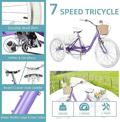 Miniatura 16 de Triciclos para adultos para adultos, triciclos para adultos de 7 velocidades, bicicleta de 3 ruedas de 20/24/26 pulgadas con canasta, bicicletas