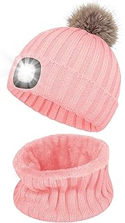 Shedoo Hat with LED Light, LED Hat with Scarf for Women and Girls, USB Rechargeable LED Illuminated Beanie Hat with Light, Warmer Winter Hat for Jogging, Camping, Fishing, Walking - Pink