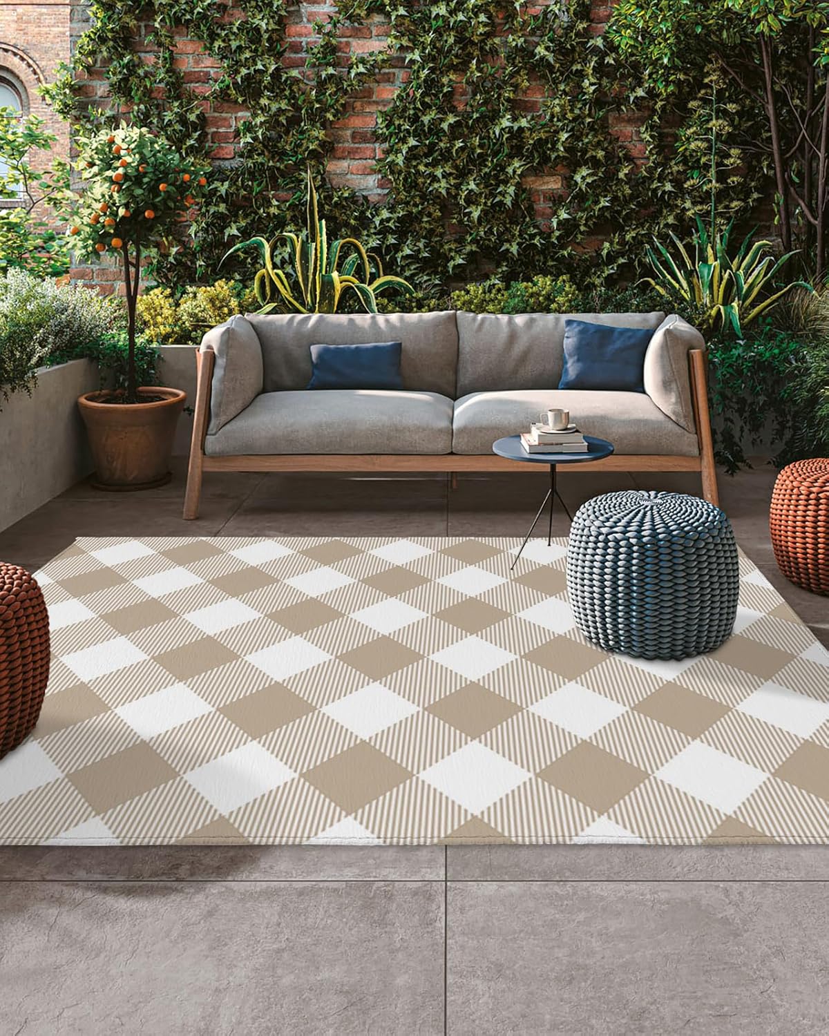 Outdoor Rug 4x6 ft Khaki Buffalo Check Plaid Outdoor Large Area Rug Non Slip Rubber Farmhouse Style Front Door Mat RV Rug Camping Carpet Patio Outdoor Rugs for Backyard Balcony Deck Porch Indoor