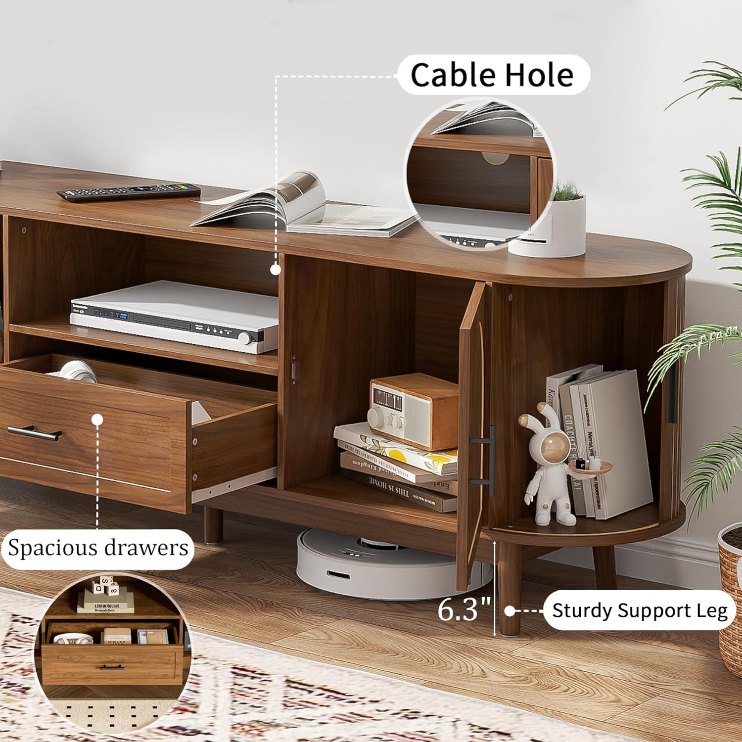 Close-up view of the TV stand's features, including a cable management hole, a spacious drawer, and sturdy support legs with a measurement of 6.3 inches from the ground.