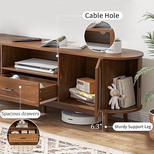 Miniatura 5 de Soporte de TV acanalado de 70 pulgadas para televisores de hasta 80 pulgadas, centro de entretenimiento moderno de mediados de siglo con cajones y