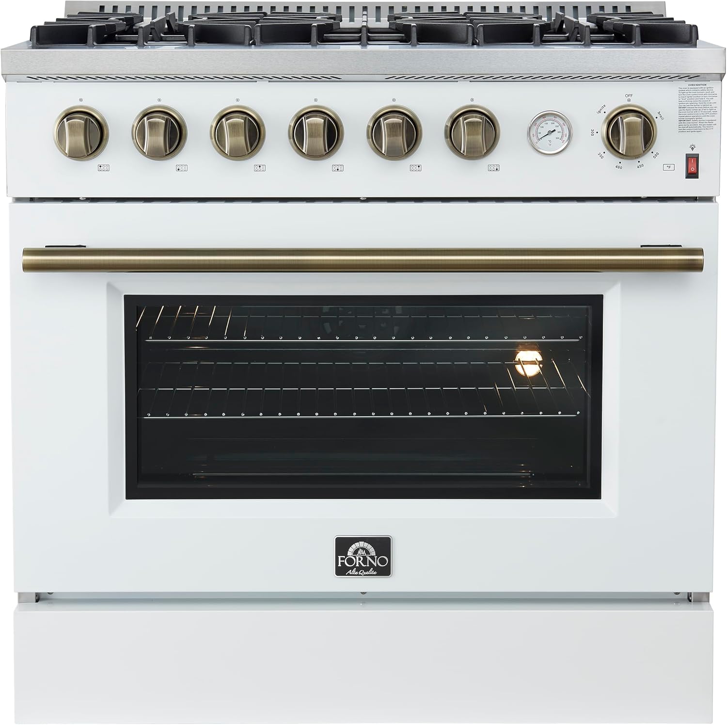 Forno Marco 36 Inch Gas Range with Antique Brass Accents, 6 Sealed Burners 67,000 BTU, Large 5.36 cu.ft. Convection Oven with Temperature Gauge, Professional Freestanding Kitchen Stove - White