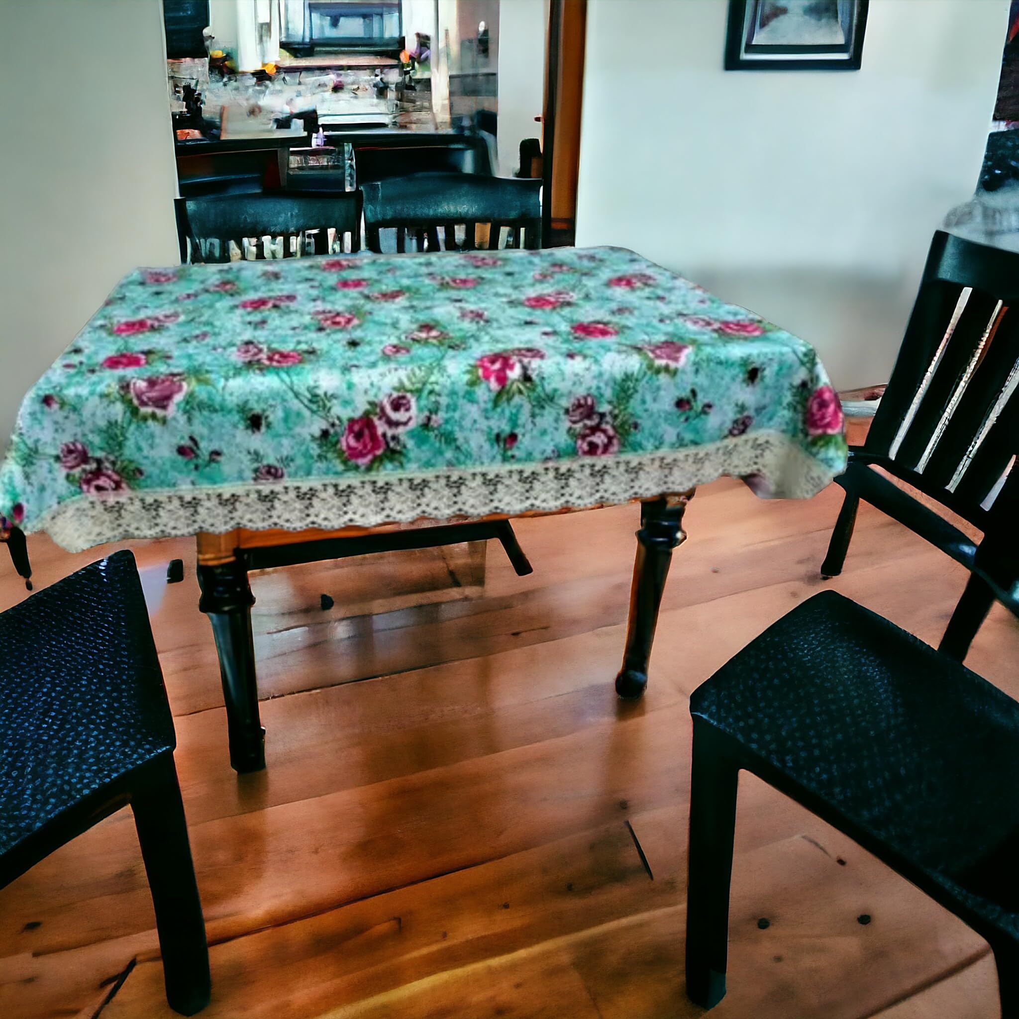 Kashtu Vatika Marble Rose Printed Flower Design Thick Polyster Waterproof 6 Seater Centre Table Cover with Leather Touch and White Lace (for Size 60X90 inches) (Width x Length) (60X90, Sea Green Rose)