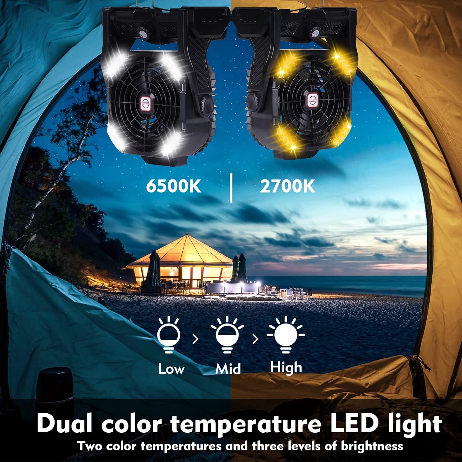 RUNTOP 20000mAh Battery Operated Fan, Battery Powered 2 Blades Camping Fan, USB Rechargeable Desk Fans with 2 Colors LED Light & Hook,Timer, Outdoor Portable Fans for Camping, Fishing, Hurricane - Image 3