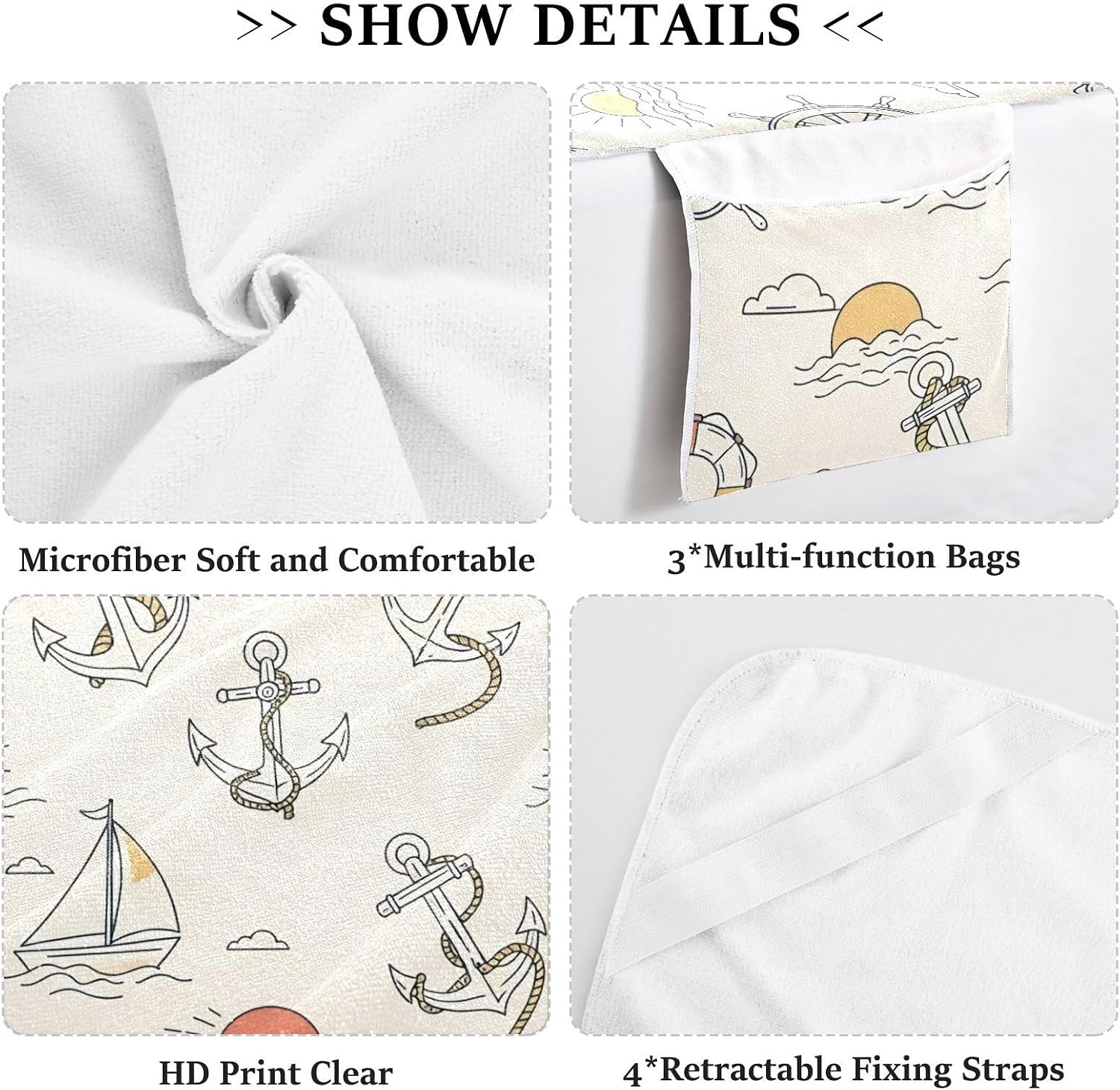 Sail Pattern Lounge Chair Towel Cover with Side Pockets – 85x30in Foldable Chaise Cover for Beach, Pool, Patio, Spa