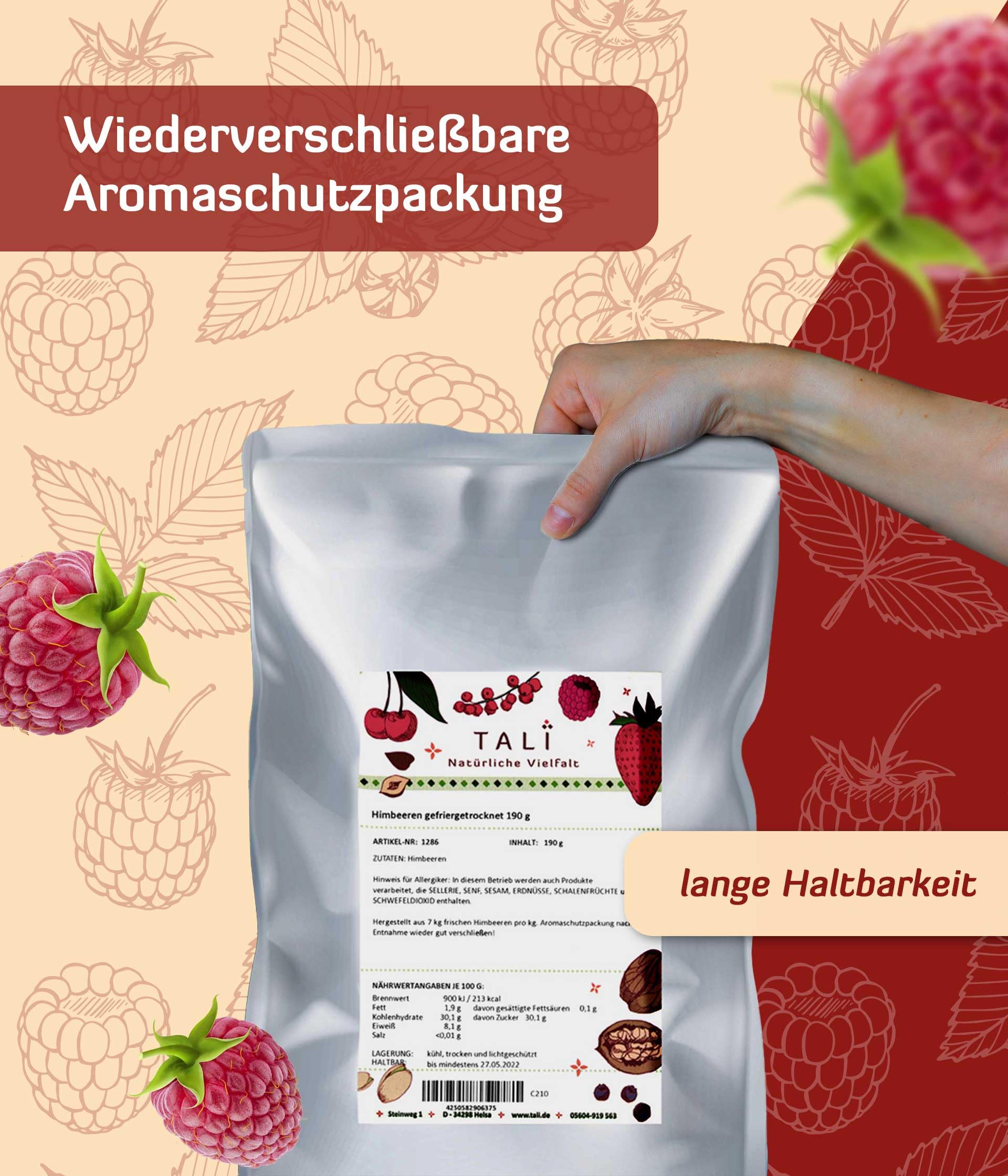 TALI Himbeeren gefriergetrocknet 500 g | bruchgeschützt im Umkarton