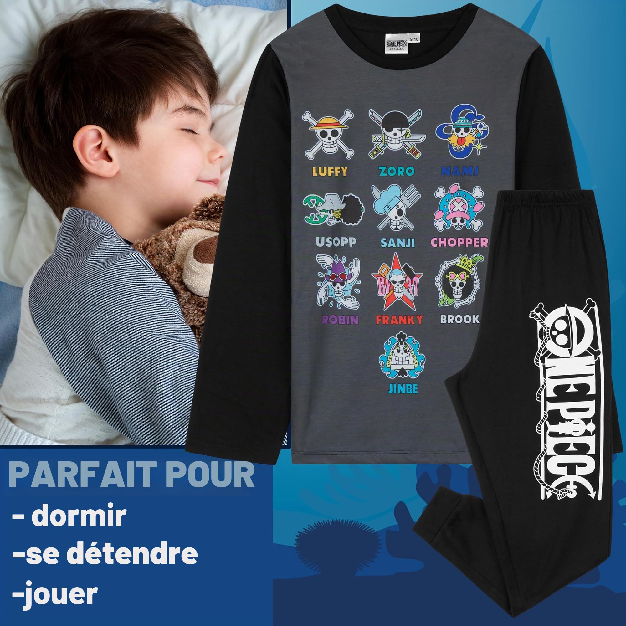 One Piece Pyjama Garçon Long, Ensemble Enfant et Ado 2 Pièces, Anime Vêtement de Nuit, Idée Cadeau Manga pour Fans de Luffy