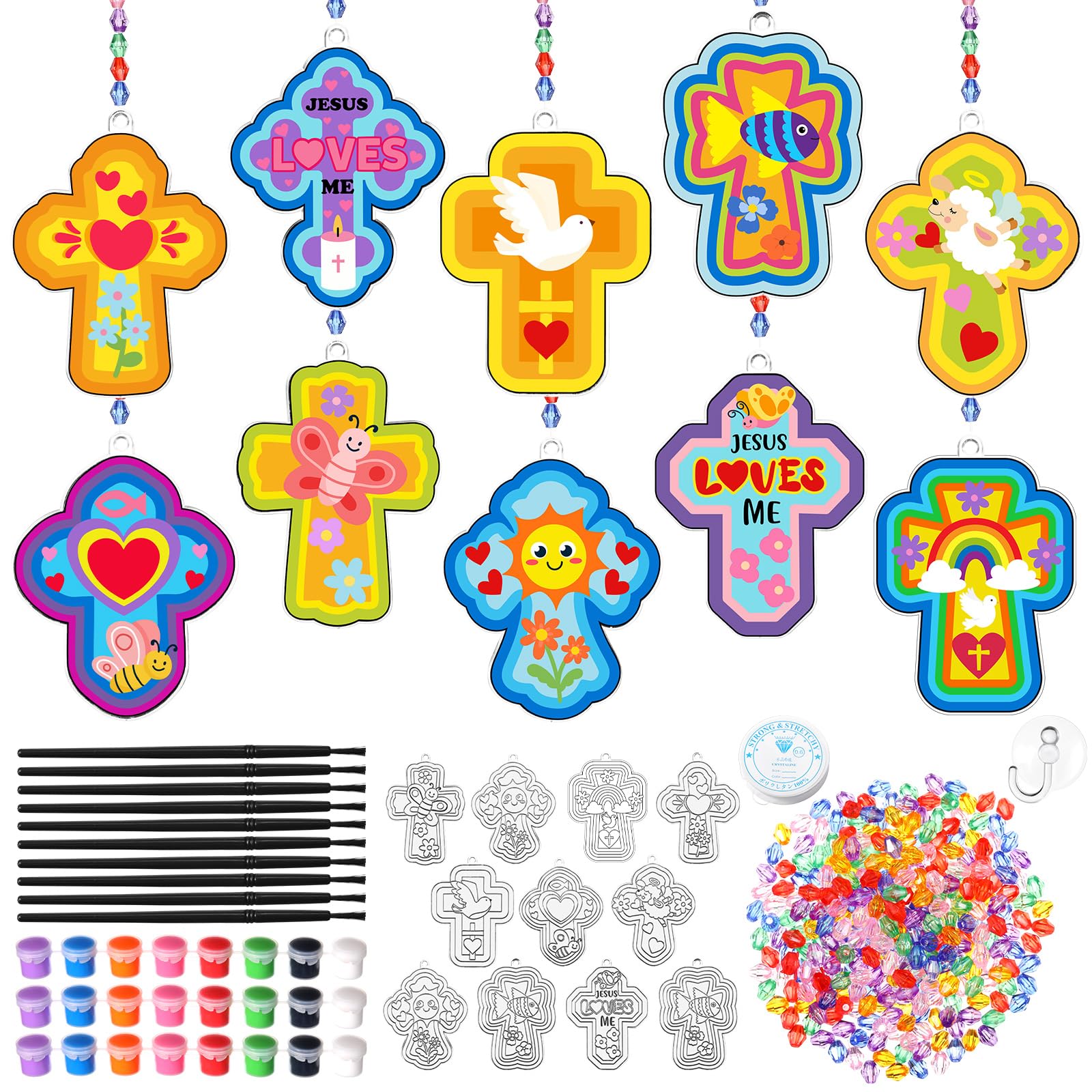 Dunzoom 30 Set Easter Cross Craft Kit Easter Suncatchers Kits Religious DIY Suncatchers Make Your Own Christian Paint Sun Catchers Ornaments for Religious Sunday Craft Activity-image-39