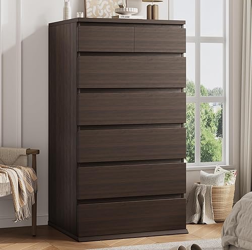 Cómoda Alta Marrón de 7 Cajones para Dormitorio, Cómodas de Armario y Cajoneras de Madera Moderna con Almacenamiento de Joyas, 23.6" L*15.8" W*47.5"