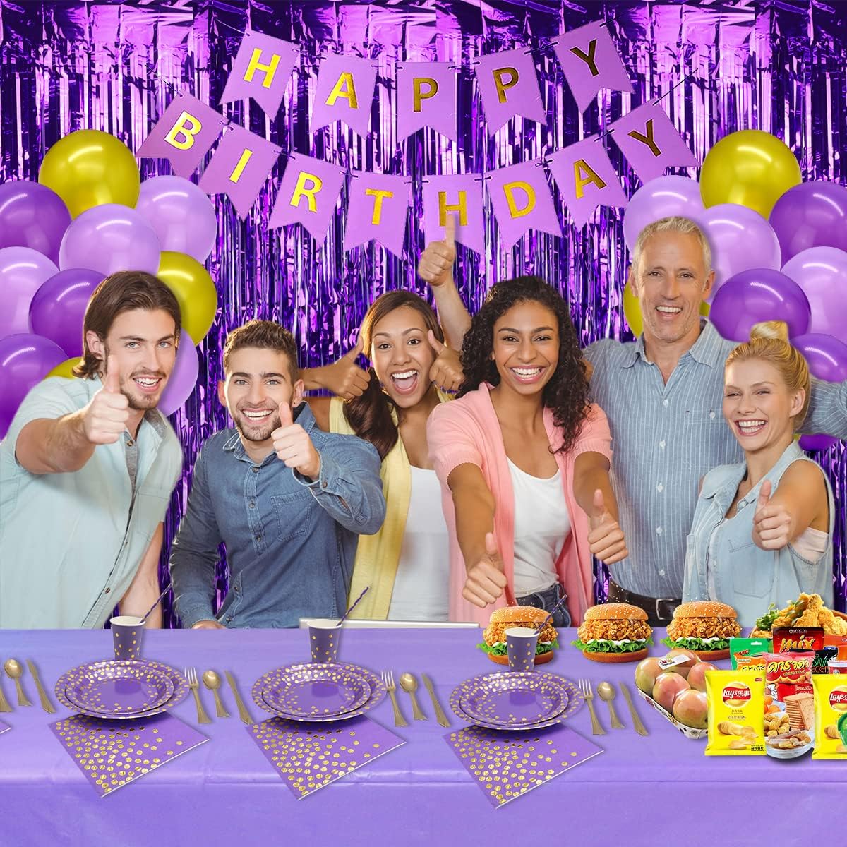 Purple and Gold Party Supplies Set , Including Plates, Cups, Napkins, Straws, Banner, Tablecloths, Foil Curtains, for Women Birthday Party Decorations Serves 25 Guests : Home & Kitchen