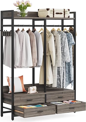 Miniatura 9 de Tribesigns Organizador de armario independiente para colgar ropa, perchero resistente con 4 cajones, 8 ganchos y estantes de almacenamiento,