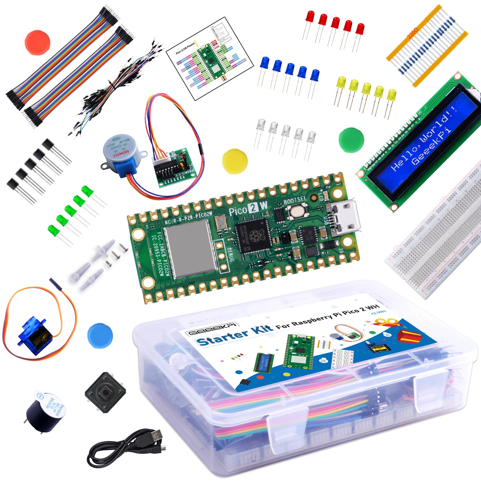 GeeekPi Kit de démarrage pour Raspberry Pi Pico 2W (inclus), Dual Arm Cortex-M33 et microcontrôleur Dual Hazard3 RISC-V, avec tutoriel détaillé, 159 éléments, 9 projets, Python C Code