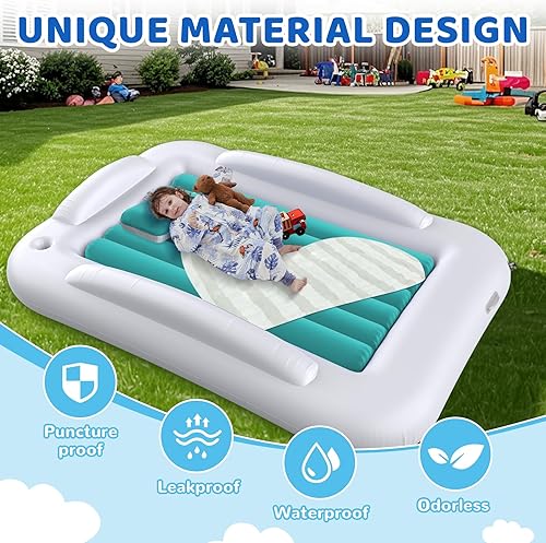 Miniatura 31 de Cama inflable de viaje para niños pequeños, cama portátil de 60 pulgadas para viajes con lados de seguridad, acogedor juego de colchón de aire
