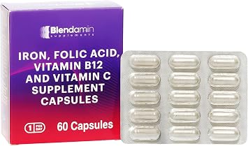 Iron Ferrous Bisglycinate with Vitamins B12 Cyanocobalamin, Folic Acid, Vitamin C, Red Cells Formation, Blood & Immunity Health 60 Capsules