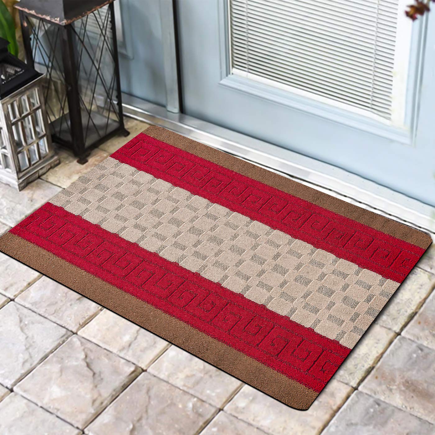 PHP Non Slip Large Front Door Mat, 50 x 80 cm Washable, Anti Slip and Waterproof Mat, Outdoor and Indoor Rug, Gel Backed Dirt Trapper Kitchen Door Mat - Brown Red