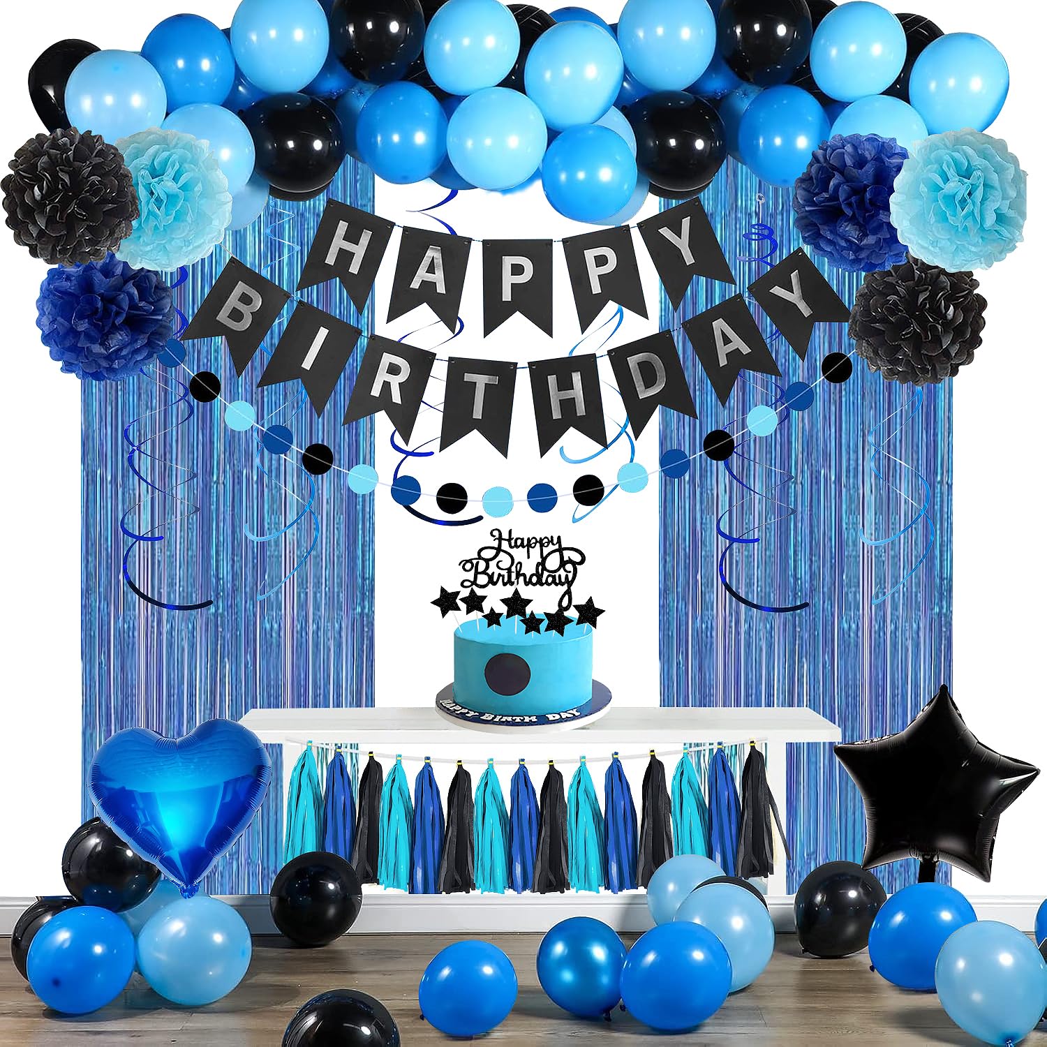 Blue and Black Happy Birthday Party Decorations kit for Boys Men Women with Happy Birthday Banner, Fringe Curtain,Foil Balloons,Cake Topper for birthday decor (blue black)