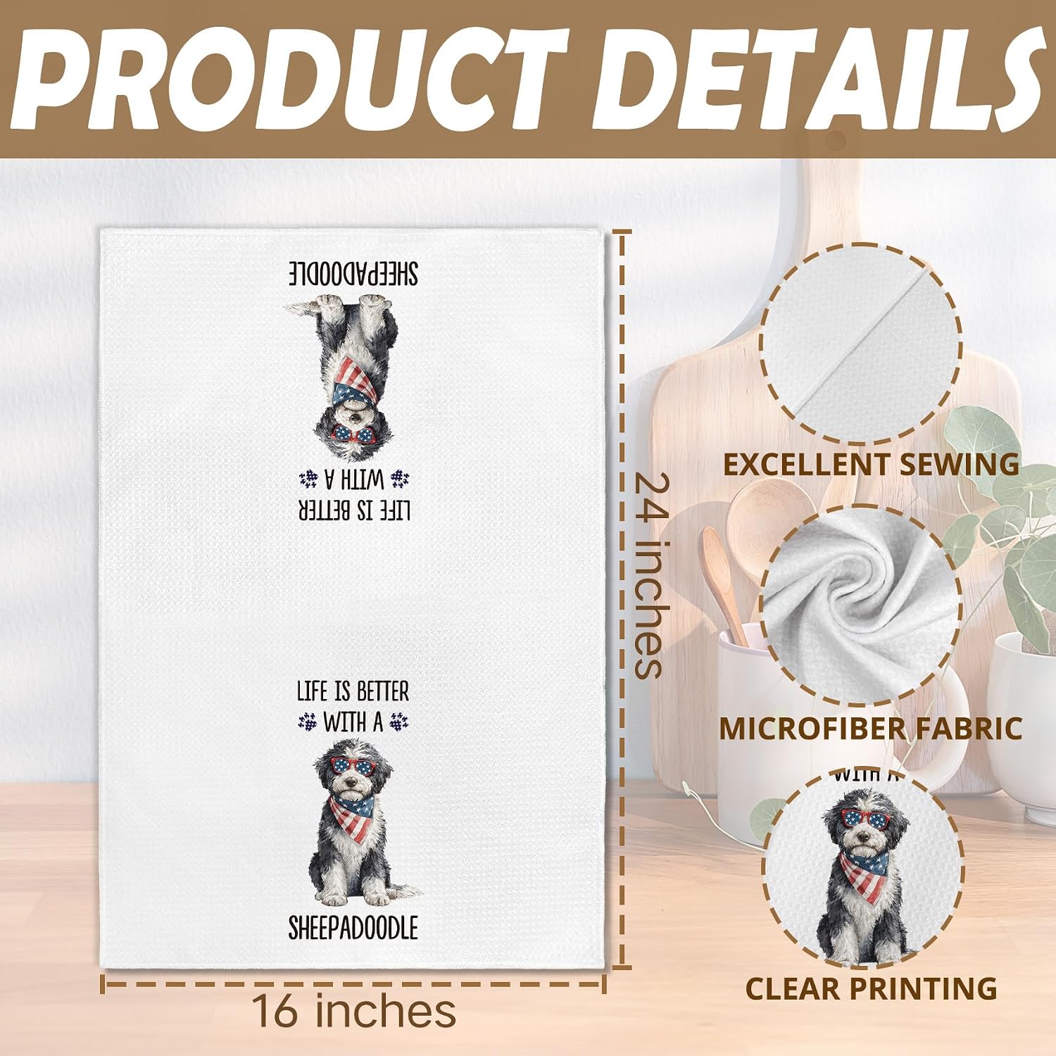 Sheepadoodle Gifts 4th of July Dog Kitchen Towels, Patriotic SheepadoodleDog Hand Towel, Life is Better with A Sheepadoodle Decorative Tea Dish Towels for Kitchen, Dog Bathroom Decor, 16x24in