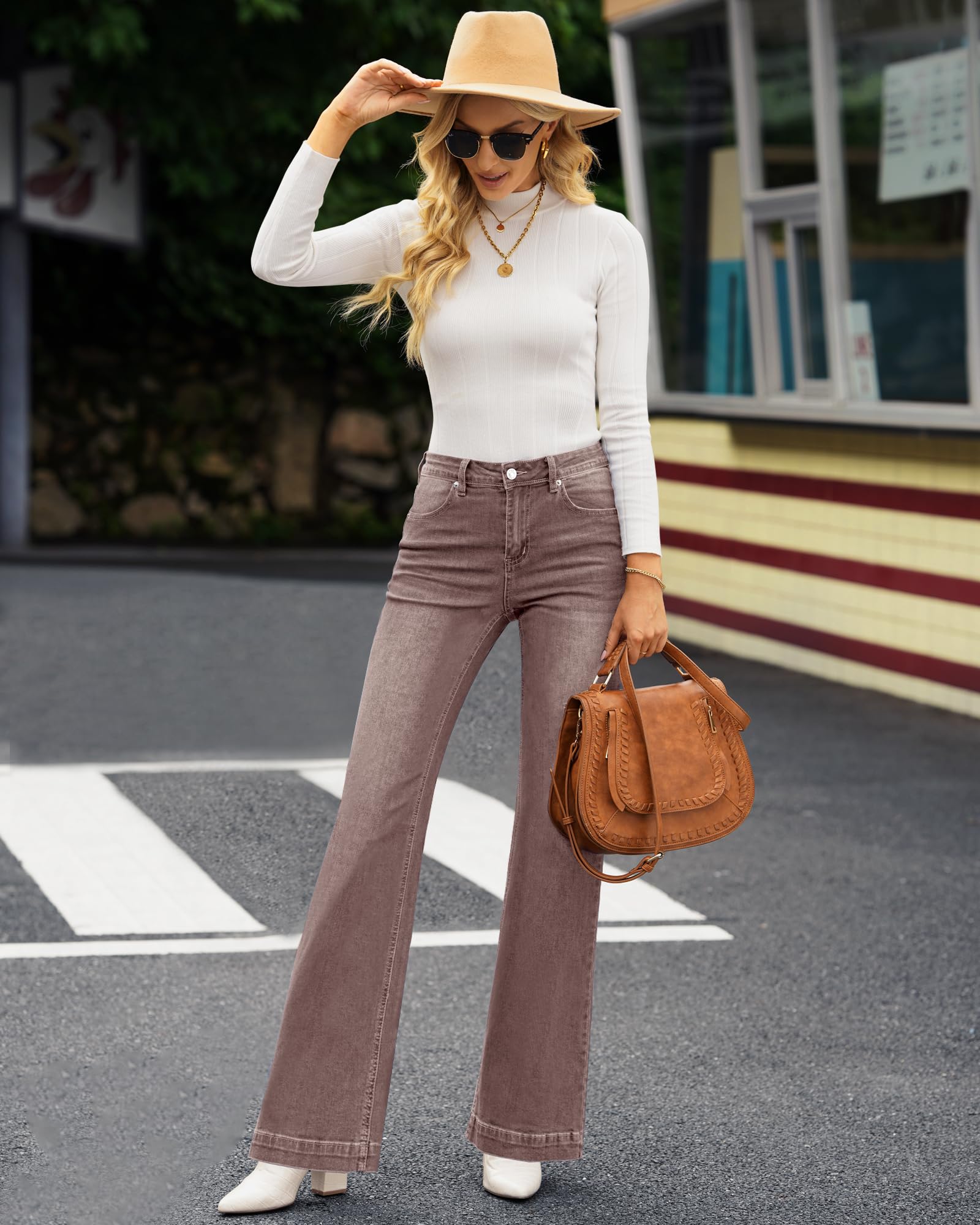 Roskiky Jean évasé pour femme, taille haute, jambes larges, stretch
