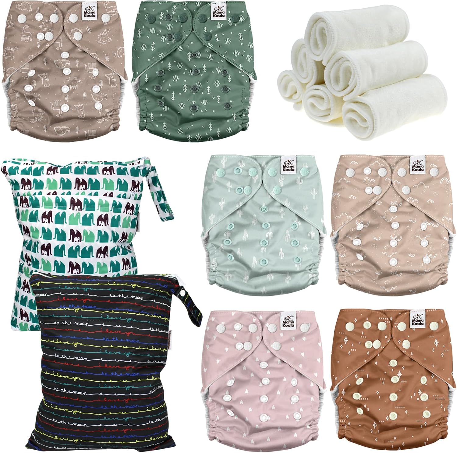 Mama Koala 3.0 Baby Cloth Diapers with 6 Inserts Bundle(Simply Neutrals), with 2 Pack Waterproof Wet Dry Bags