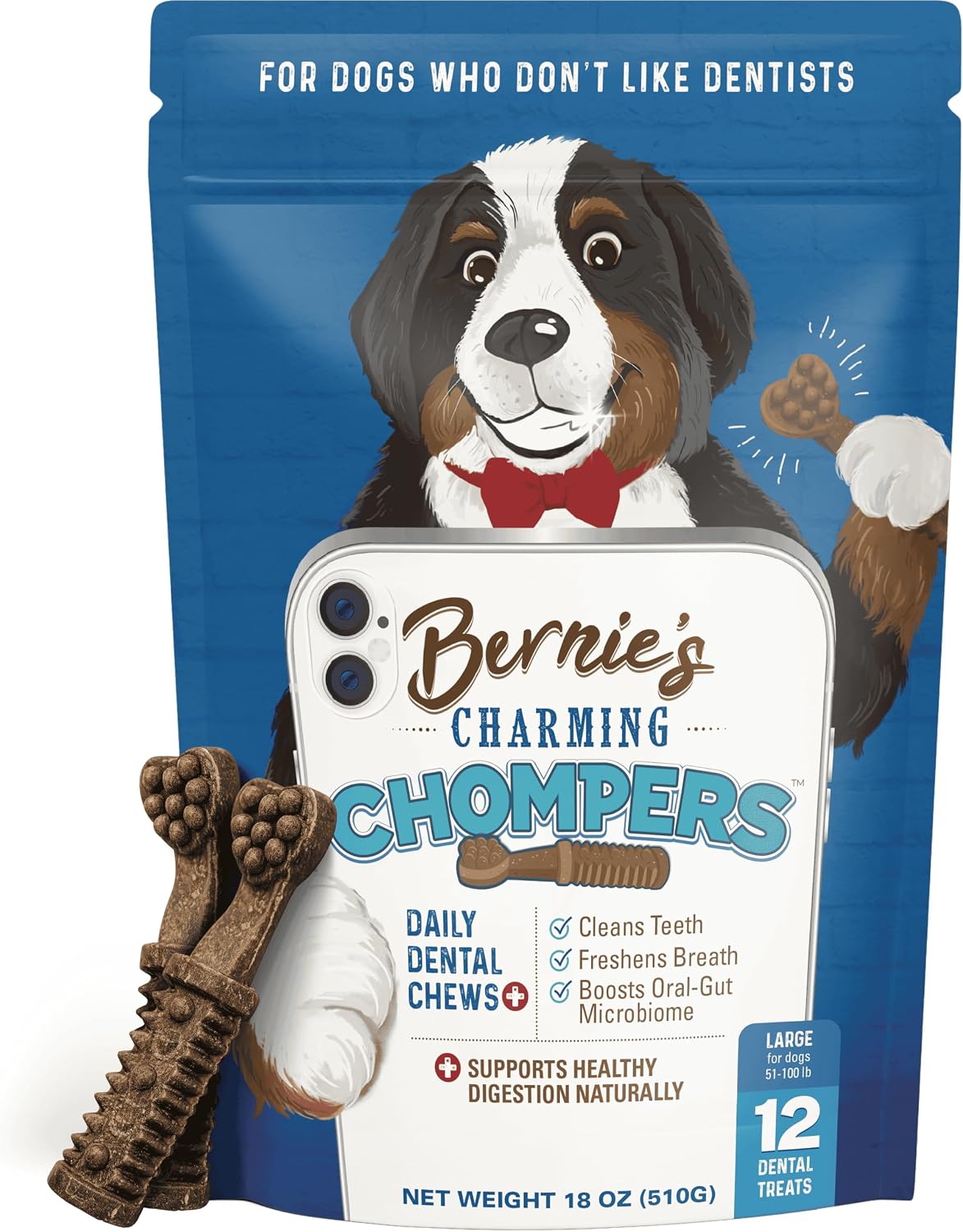 Bernie's Charming Chompers Dog Dental Chews, Gut Support, 51-100 lb, 12 Ct