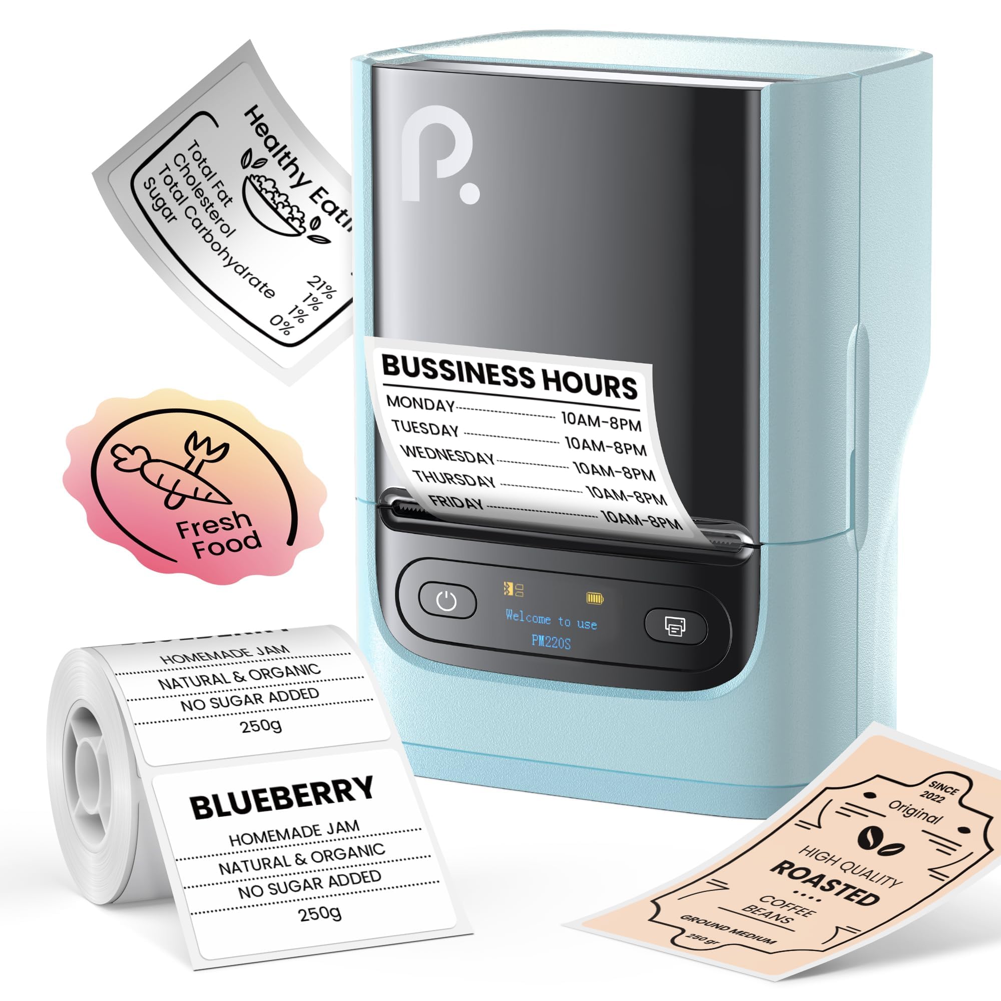POLONO PM220S Label Maker Machine with Tape, Bluetooth Label Maker, Blue | Easy to use, Premium Prints, Inkless, Powerful Connectivity Label Printer with Smart APP for School,Office,Home,Business