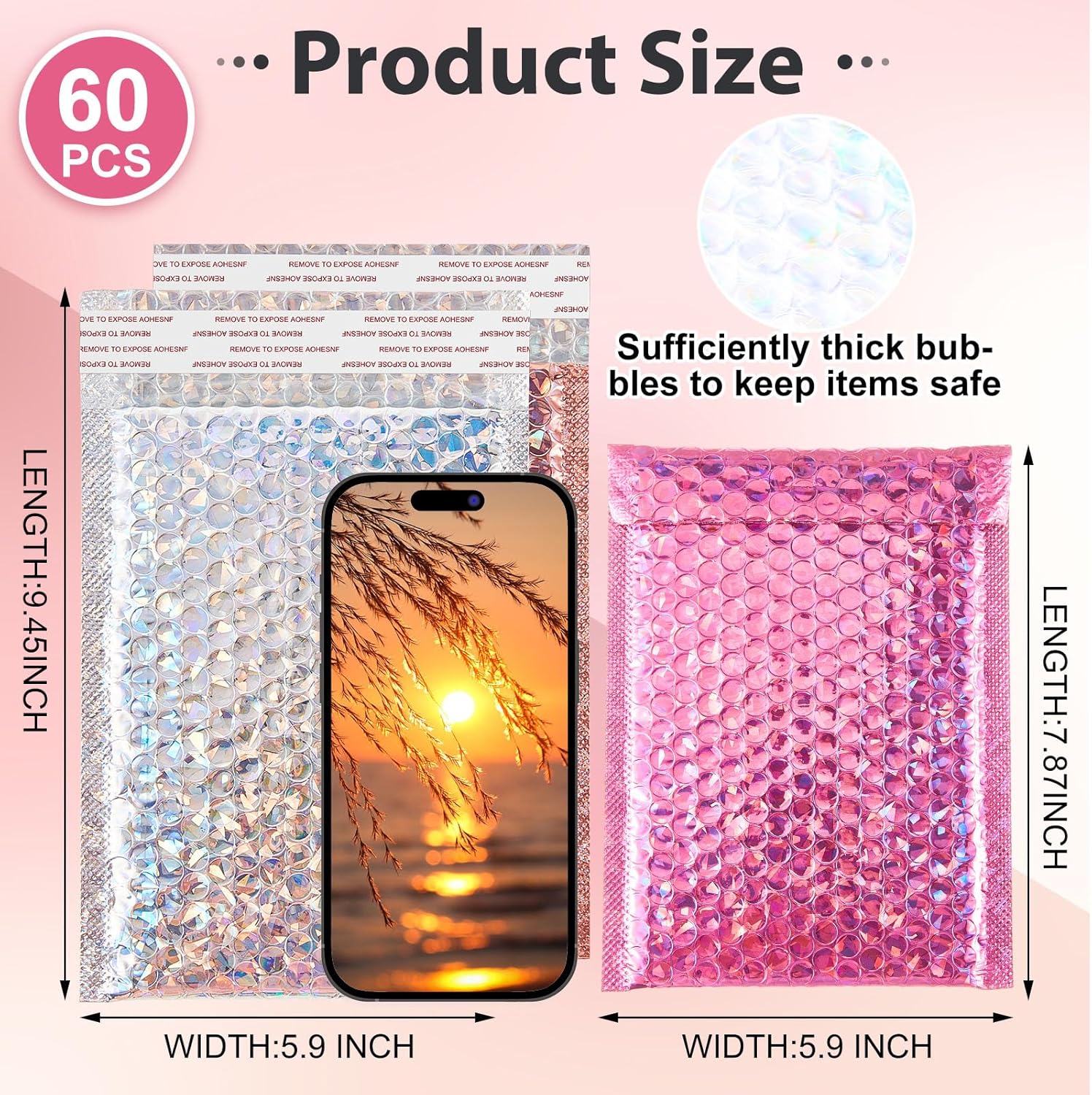 Henoyso 60 Pcs 6 x 9.5 Inch Holographic Bubble Mailers Metallic Bubble Envelopes Usable Size 5.12" x 7.87" Waterproof Self Seal Shipping Bags for Makeup Jewelry Small Business, Silver, Pink, Rose Pink