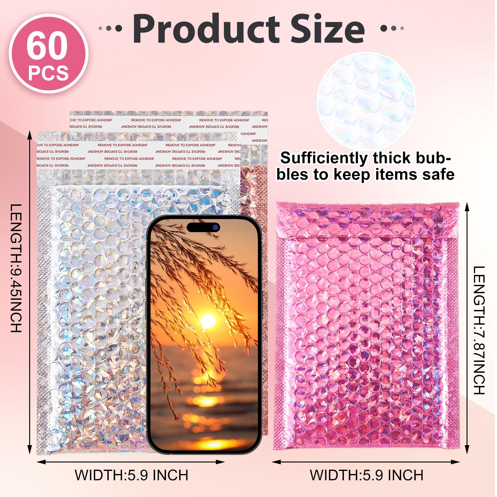 60 sobres holográficos de burbujas de 6 x 9.5 pulgadas, sobres metálicos de burbujas, impermeables, autosellantes, gruesos, acolchados para maquillaje, joyas, embalaje de pequeñas empresas, plata