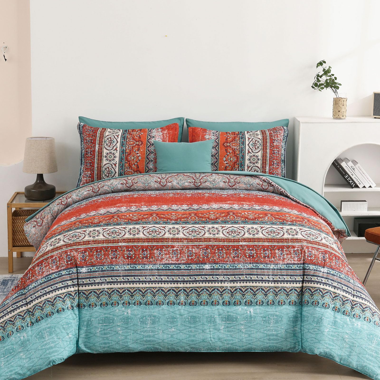 Cottolester Boho Full Comforter Set 8 Pieces, Terracotta Comforter Bohemian Striped Bed in A Bag,Soft Microfiber Bedding Set for All Seasons