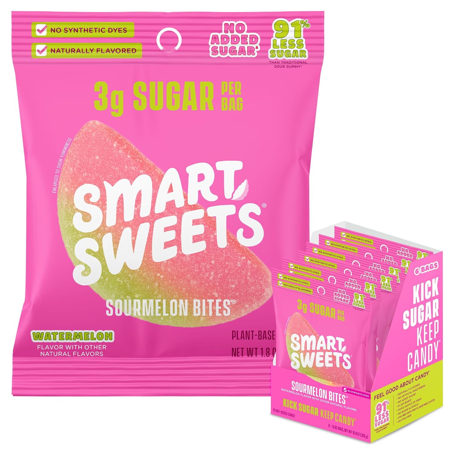 SmartSweets Sourmelon Bites, Low Sugar Sour Gummy, 0.78oz Bags, 6 Pack